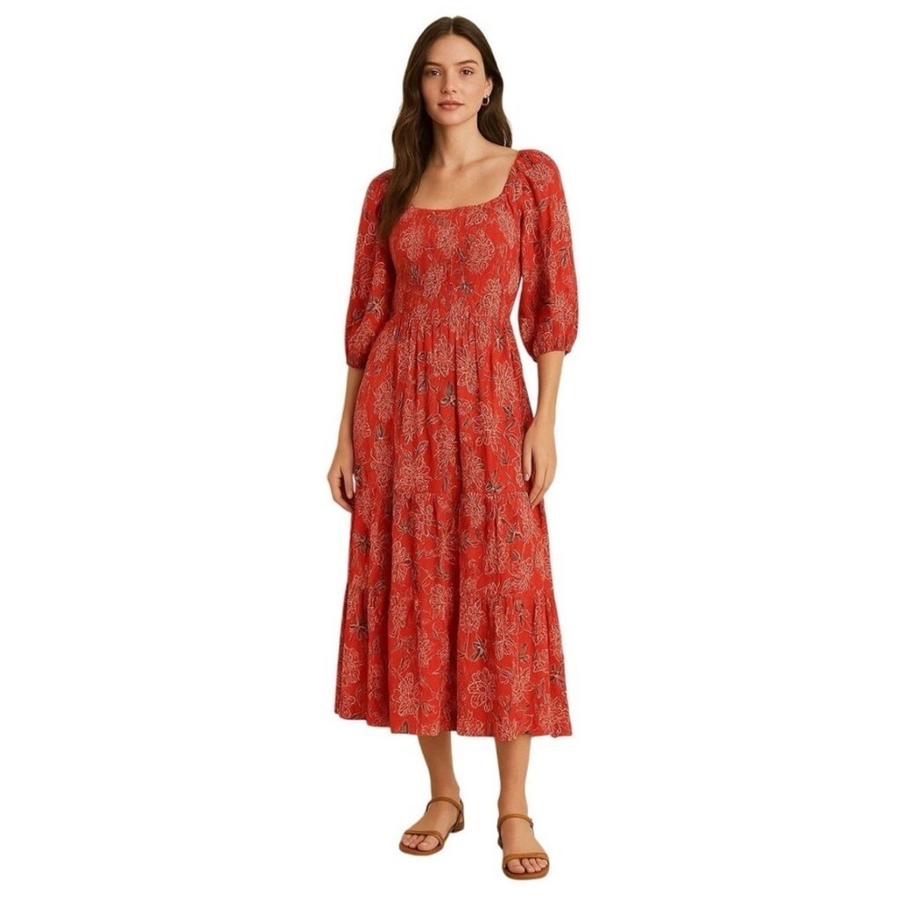 Angie Red Floral Boho Midi Dress Peasant Style Smocked Waist Square Neck Medium